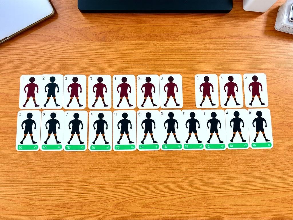 Figurinhas organizadas em fileiras sobre uma mesa
